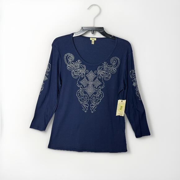 Reba Navy Rhinestone Studded Ribbed Stretch Western Cowgirl Glam Shirt XL NWT - Picture 1 of 10